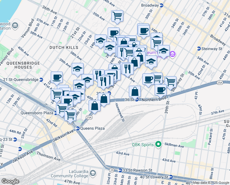 map of restaurants, bars, coffee shops, grocery stores, and more near 38-03 31st Street in Queens