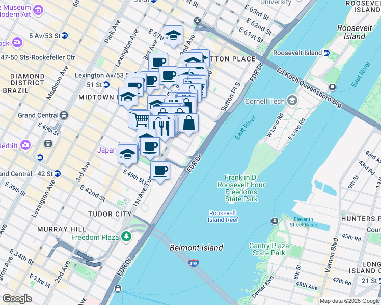 map of restaurants, bars, coffee shops, grocery stores, and more near 427 East 50th Street in New York