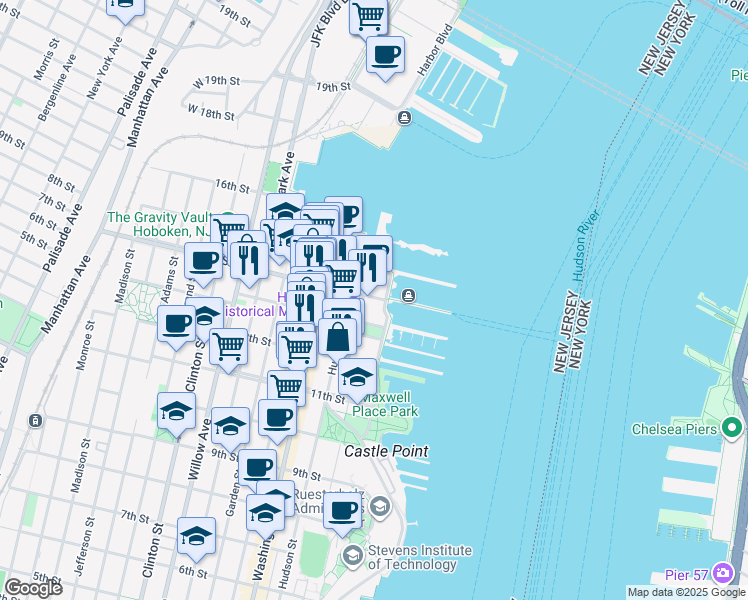 map of restaurants, bars, coffee shops, grocery stores, and more near 1420 Sinatra Drive North in Hoboken
