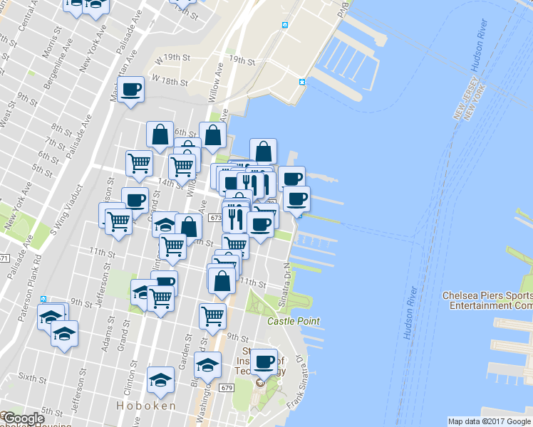 map of restaurants, bars, coffee shops, grocery stores, and more near in Hoboken