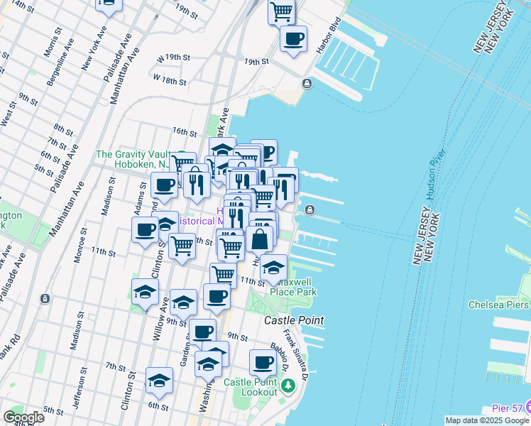 map of restaurants, bars, coffee shops, grocery stores, and more near in Hoboken