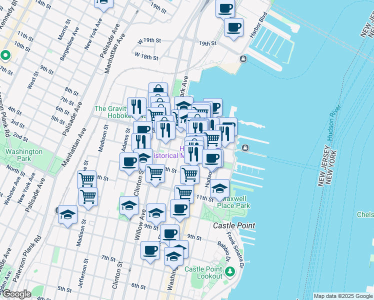 map of restaurants, bars, coffee shops, grocery stores, and more near 201 14th Street in Hoboken
