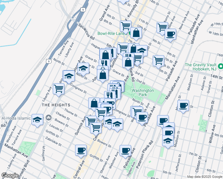 map of restaurants, bars, coffee shops, grocery stores, and more near 34 Irving Street in Jersey City