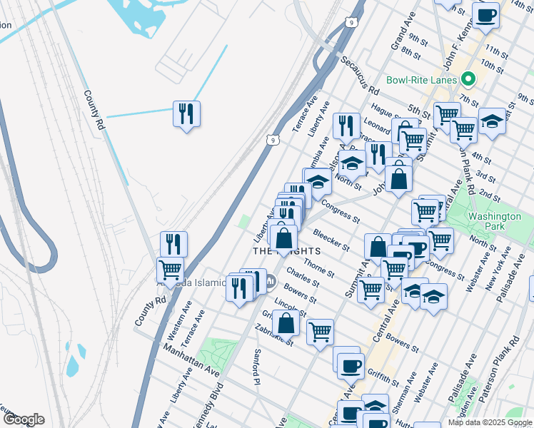 map of restaurants, bars, coffee shops, grocery stores, and more near 212 Terrace Avenue in Jersey City