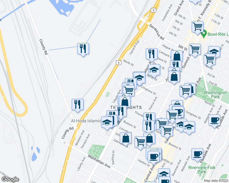 map of restaurants, bars, coffee shops, grocery stores, and more near 212 Terrace Avenue in Jersey City