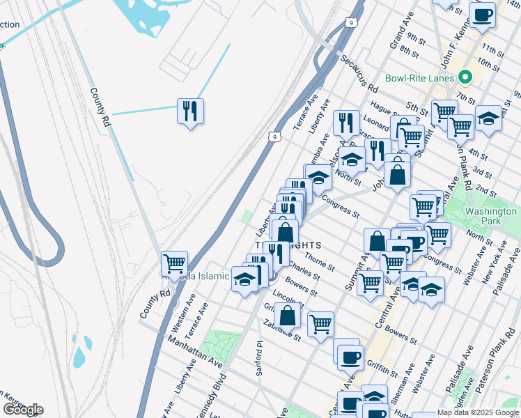 map of restaurants, bars, coffee shops, grocery stores, and more near 212 Terrace Avenue in Jersey City