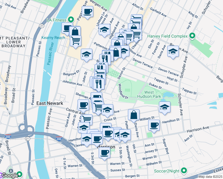map of restaurants, bars, coffee shops, grocery stores, and more near 32 Chestnut Street in Kearny