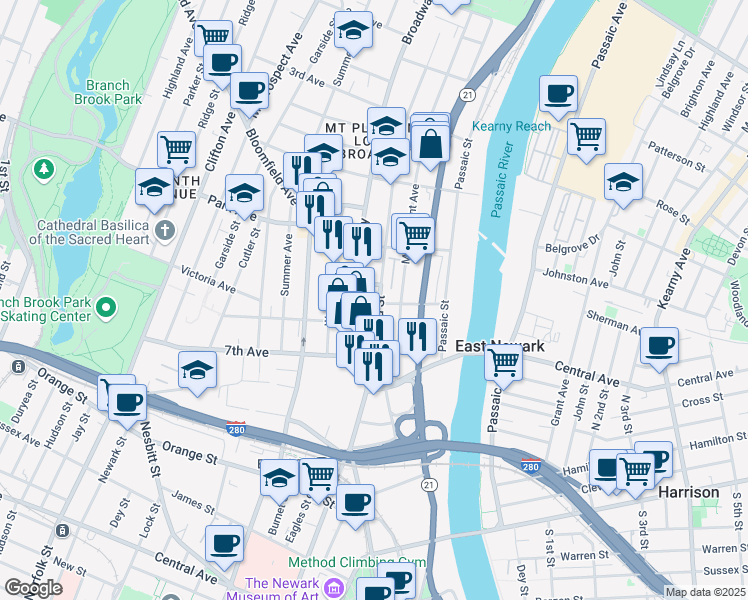 map of restaurants, bars, coffee shops, grocery stores, and more near 248 Broad Street in Newark