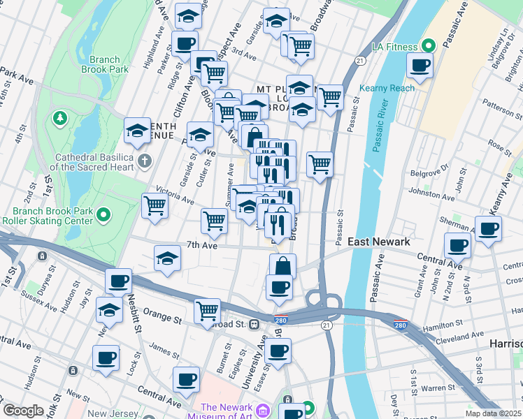 map of restaurants, bars, coffee shops, grocery stores, and more near 27 Webster Street in Newark