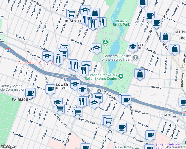 map of restaurants, bars, coffee shops, grocery stores, and more near 301 7th Avenue in Newark