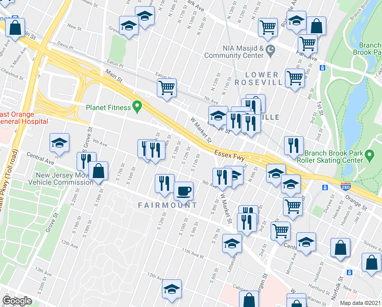map of restaurants, bars, coffee shops, grocery stores, and more near 26-32 Gould Avenue in Newark