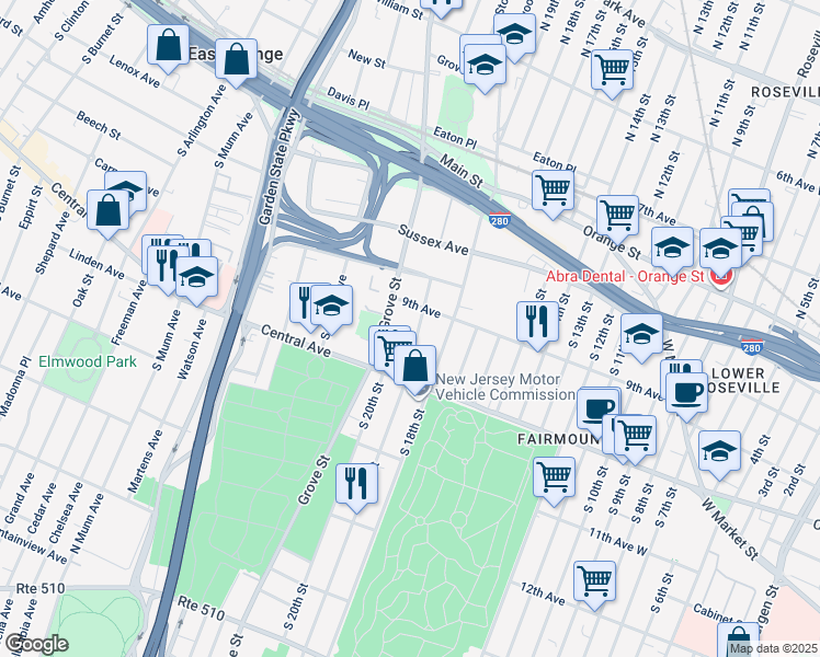 map of restaurants, bars, coffee shops, grocery stores, and more near 96 Hollywood Avenue in East Orange