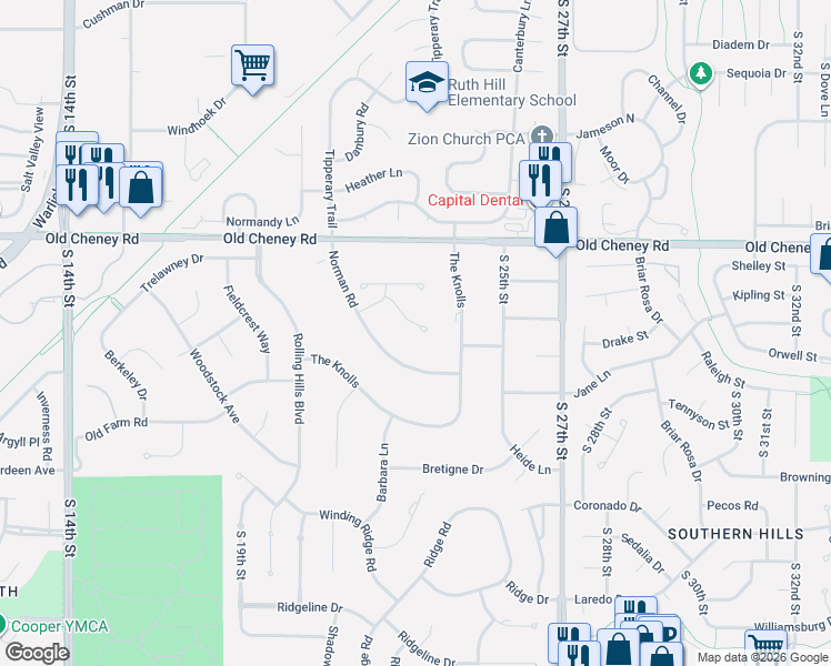 map of restaurants, bars, coffee shops, grocery stores, and more near 5910 Norman Road in Lincoln