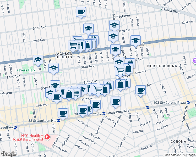 map of restaurants, bars, coffee shops, grocery stores, and more near 34-31 89th Street in Queens