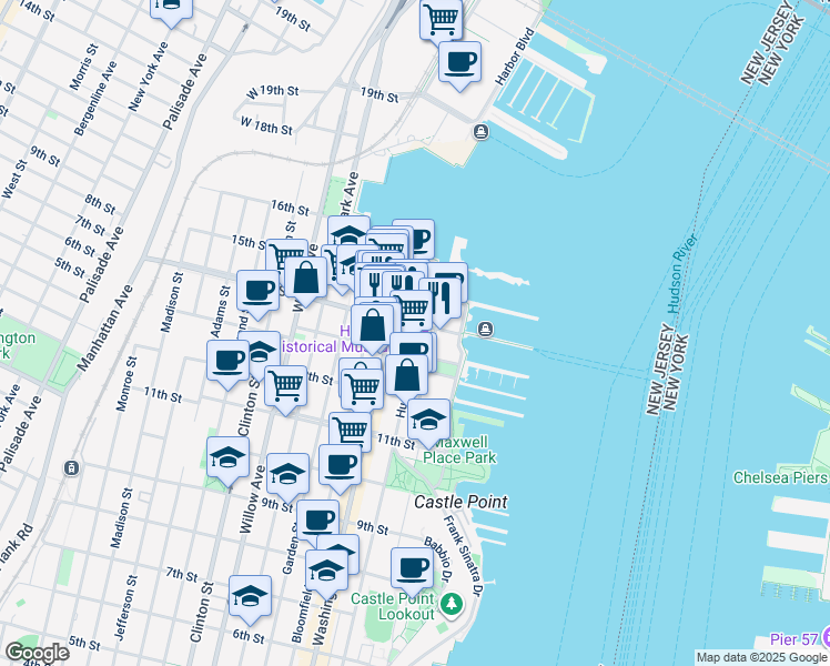 map of restaurants, bars, coffee shops, grocery stores, and more near 1500 Hudson Street in Hoboken