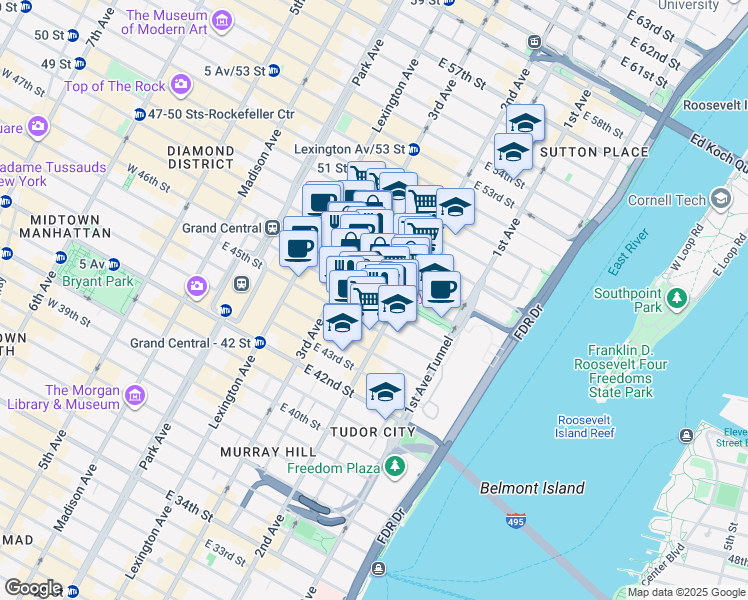 map of restaurants, bars, coffee shops, grocery stores, and more near 240 East 47th Street in New York