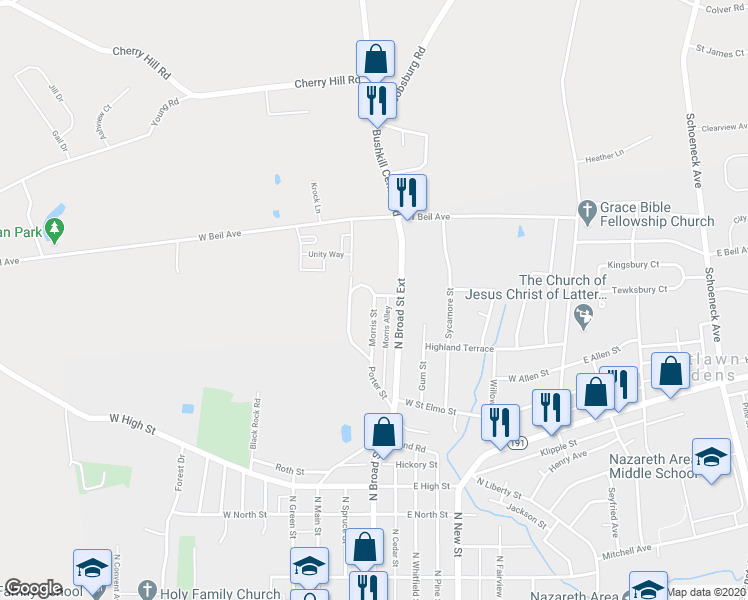 map of restaurants, bars, coffee shops, grocery stores, and more near 127 Morris Street in Nazareth