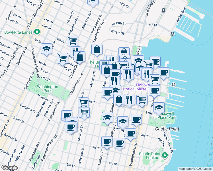 map of restaurants, bars, coffee shops, grocery stores, and more near 1200 Grand Street in Hoboken