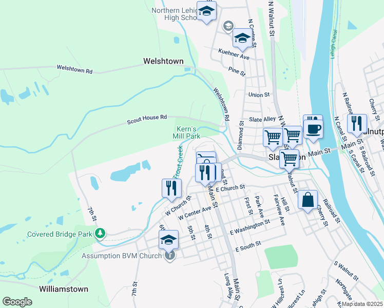 map of restaurants, bars, coffee shops, grocery stores, and more near 63 Willow Avenue in Slatington