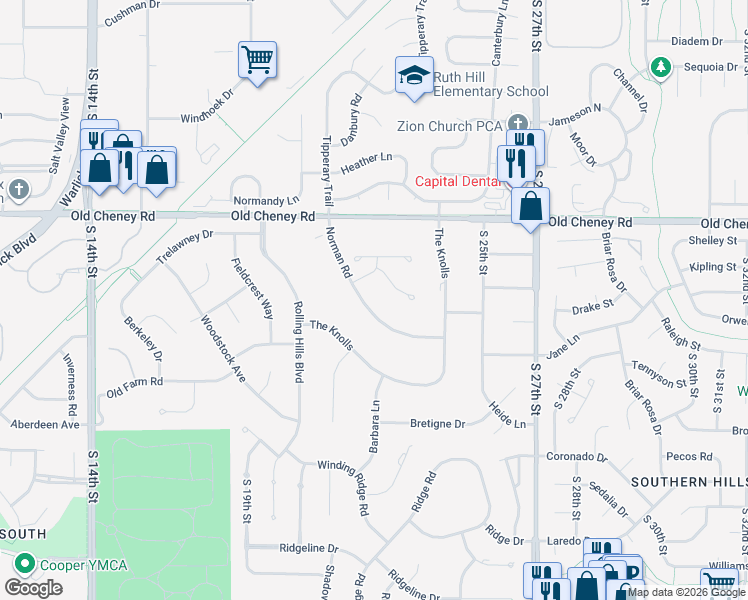 map of restaurants, bars, coffee shops, grocery stores, and more near 5910 Norman Road in Lincoln