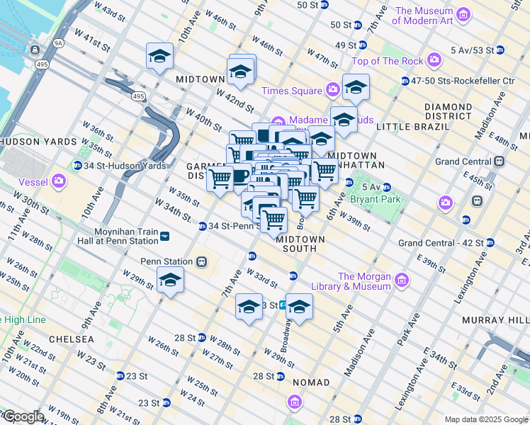 map of restaurants, bars, coffee shops, grocery stores, and more near 498 7th Avenue in New York