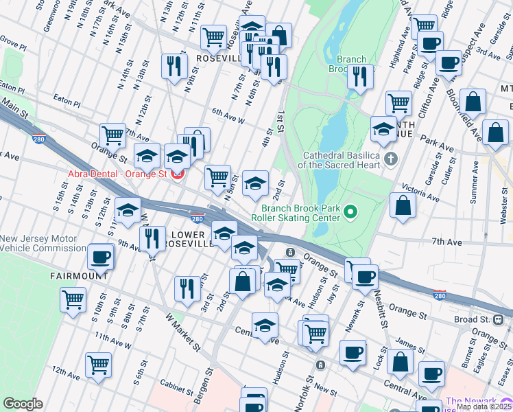 map of restaurants, bars, coffee shops, grocery stores, and more near 150 3rd Street in Newark