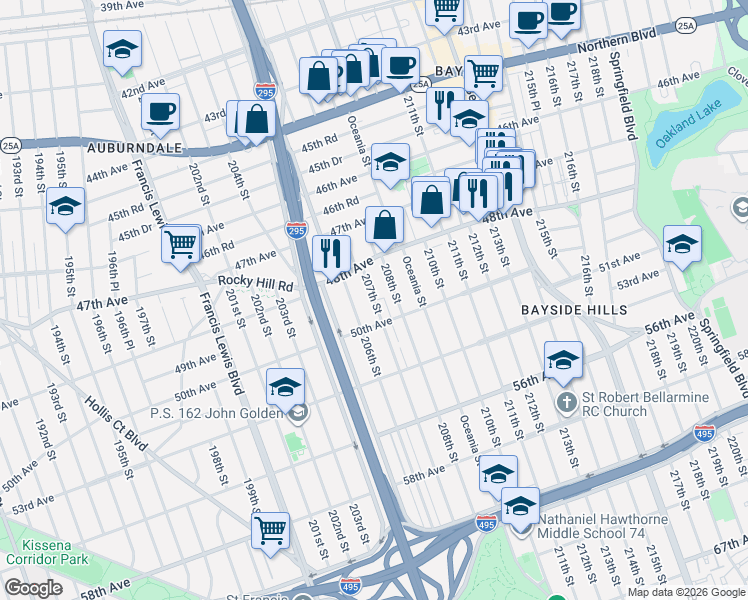 map of restaurants, bars, coffee shops, grocery stores, and more near 48-19 207th Street in Queens