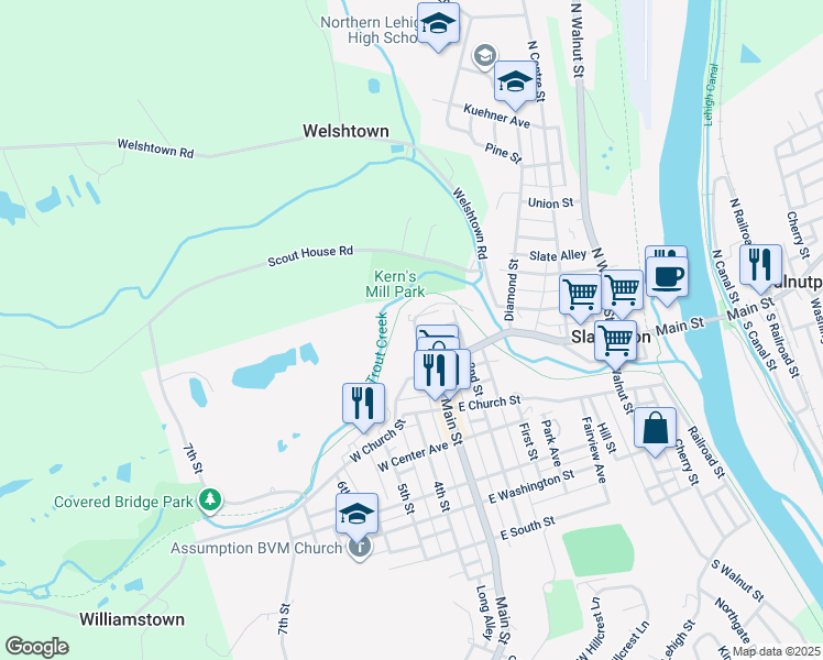 map of restaurants, bars, coffee shops, grocery stores, and more near 63 Willow Avenue in Slatington