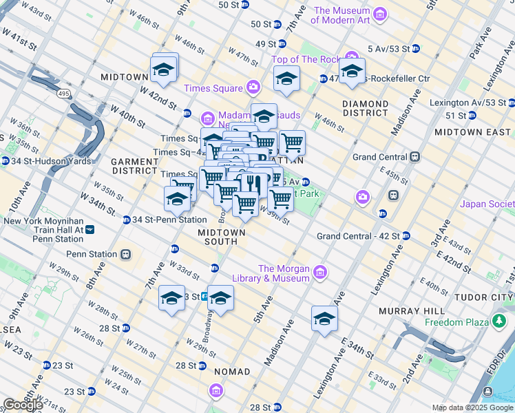 map of restaurants, bars, coffee shops, grocery stores, and more near 80 West 39th Street in New York