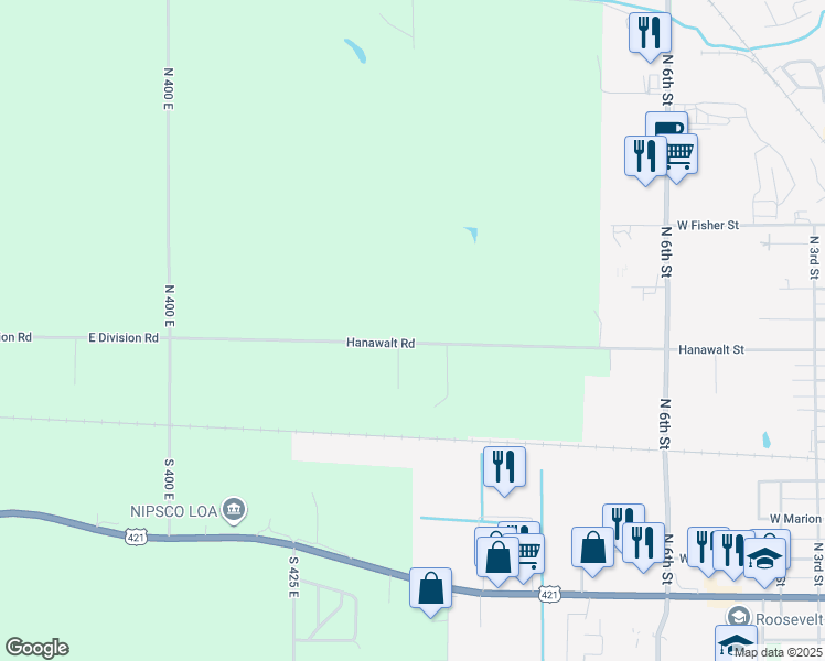 map of restaurants, bars, coffee shops, grocery stores, and more near 1186 Hanawalt Road in Monticello