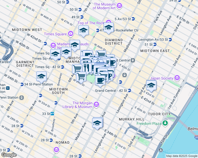 map of restaurants, bars, coffee shops, grocery stores, and more near 485 5th Avenue in New York