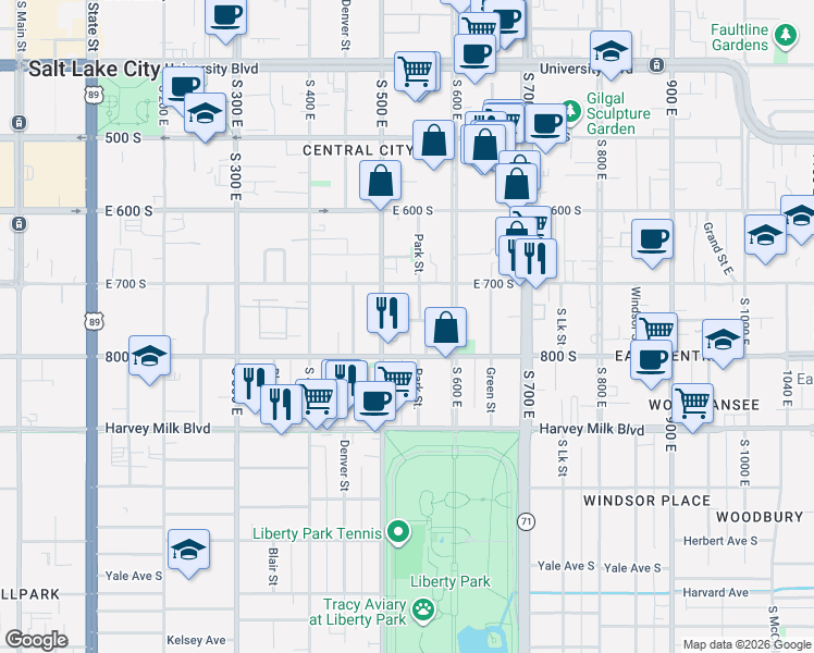 map of restaurants, bars, coffee shops, grocery stores, and more near 721 500 East in Salt Lake City