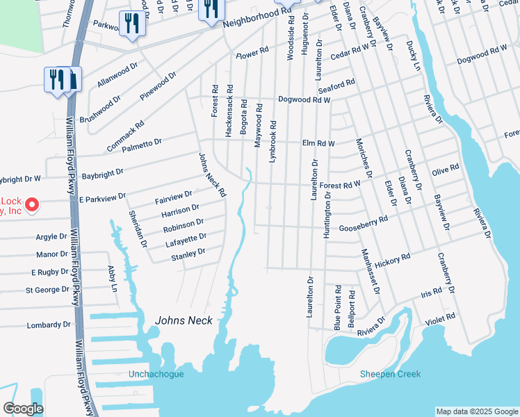 map of restaurants, bars, coffee shops, grocery stores, and more near 102 Maywood Road in Mastic Beach
