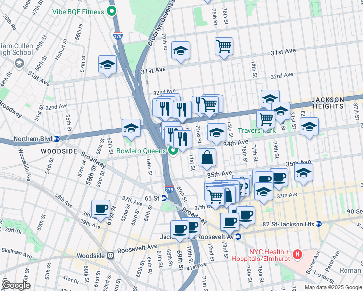 map of restaurants, bars, coffee shops, grocery stores, and more near 70-05 34th Avenue in Queens