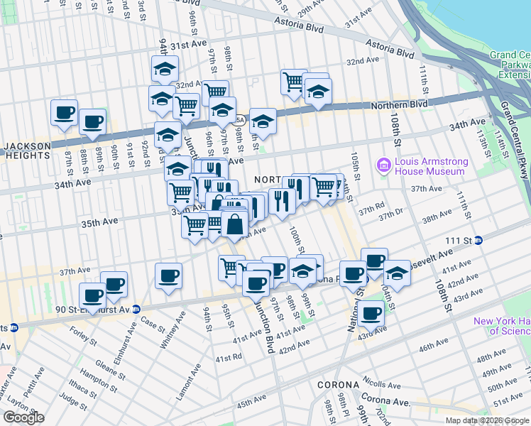 map of restaurants, bars, coffee shops, grocery stores, and more near 35-12 99th Street in Queens