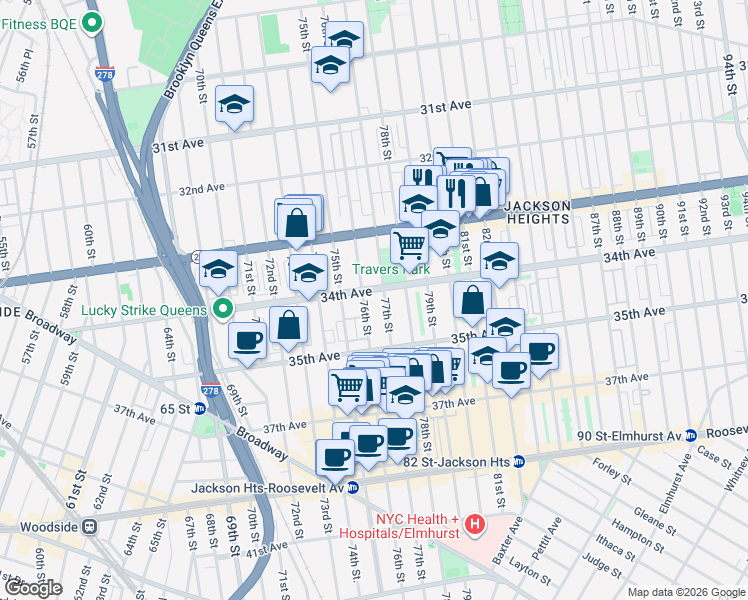 map of restaurants, bars, coffee shops, grocery stores, and more near 76-9 34th Avenue in Queens