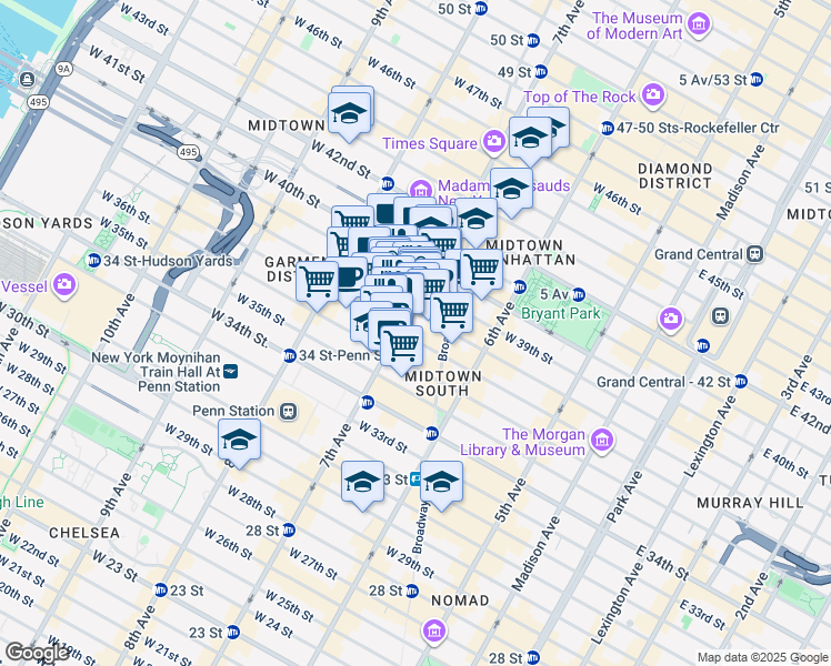 map of restaurants, bars, coffee shops, grocery stores, and more near 518 Fashion Avenue in New York