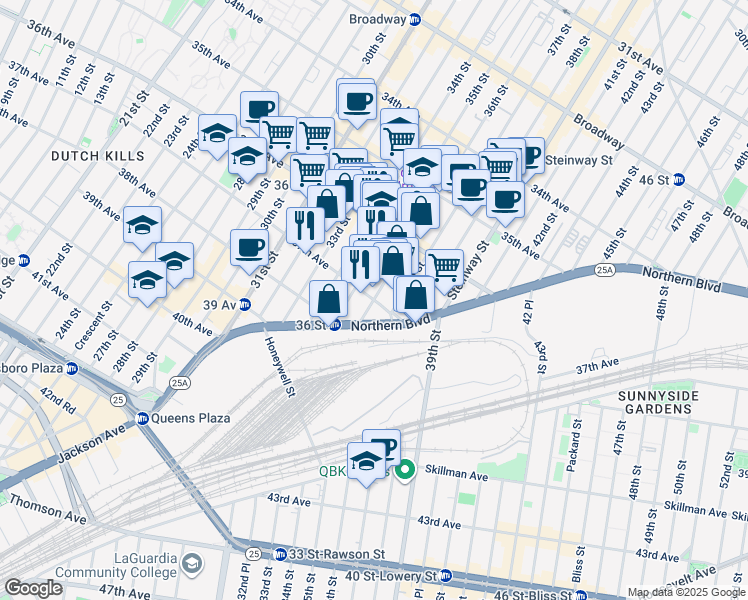 map of restaurants, bars, coffee shops, grocery stores, and more near 36th Street & 37th Avenue in Queens
