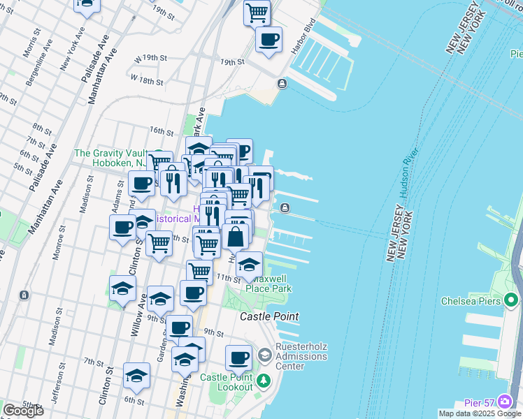 map of restaurants, bars, coffee shops, grocery stores, and more near 14th Street in Hoboken