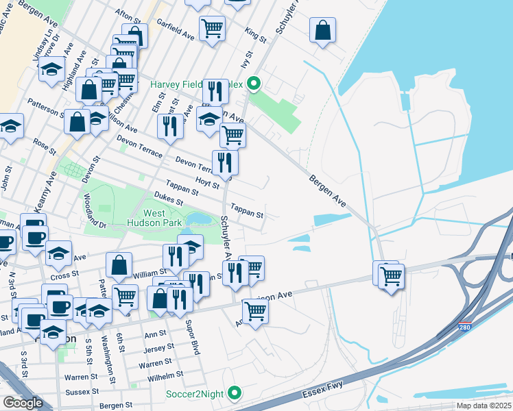 map of restaurants, bars, coffee shops, grocery stores, and more near 198 Devon Terrace in Kearny