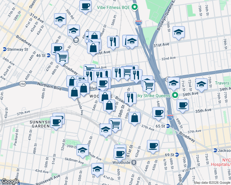 map of restaurants, bars, coffee shops, grocery stores, and more near 33-15 56th Street in Queens