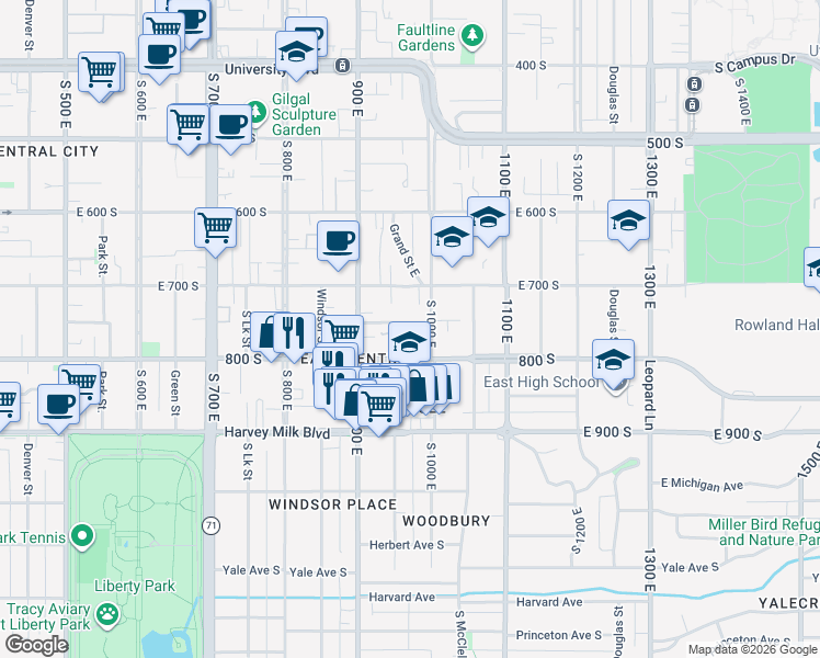 map of restaurants, bars, coffee shops, grocery stores, and more near 962 Lowell Avenue South in Salt Lake City