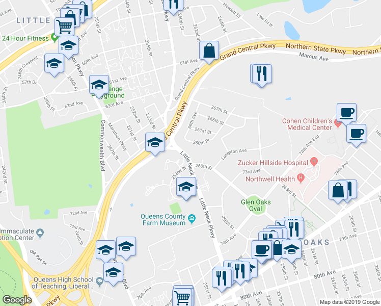map of restaurants, bars, coffee shops, grocery stores, and more near 69-33 Little Neck Parkway in Queens