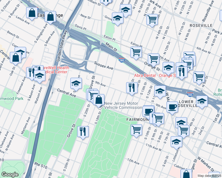 map of restaurants, bars, coffee shops, grocery stores, and more near 98 Steuben Street in East Orange