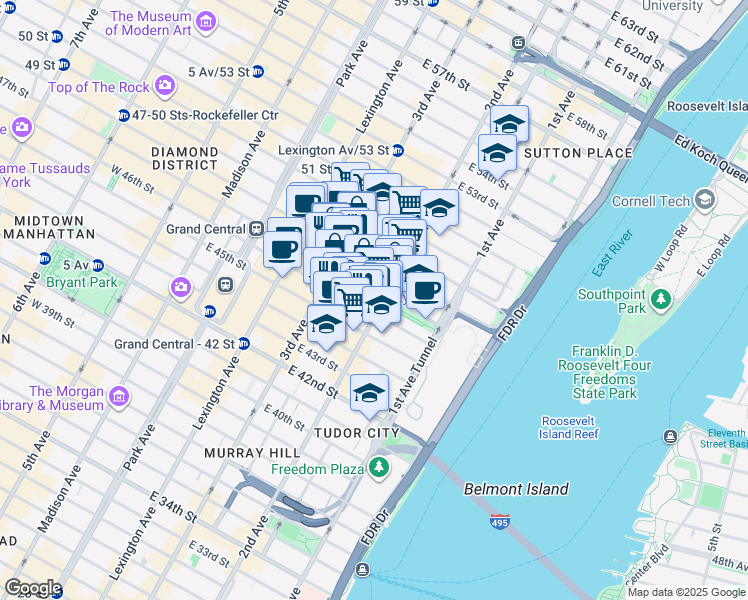 map of restaurants, bars, coffee shops, grocery stores, and more near 240 East 47th Street in New York