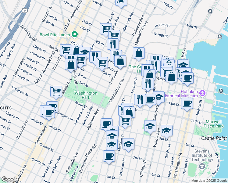 map of restaurants, bars, coffee shops, grocery stores, and more near Manhattan Avenue & 3rd Street in Union City