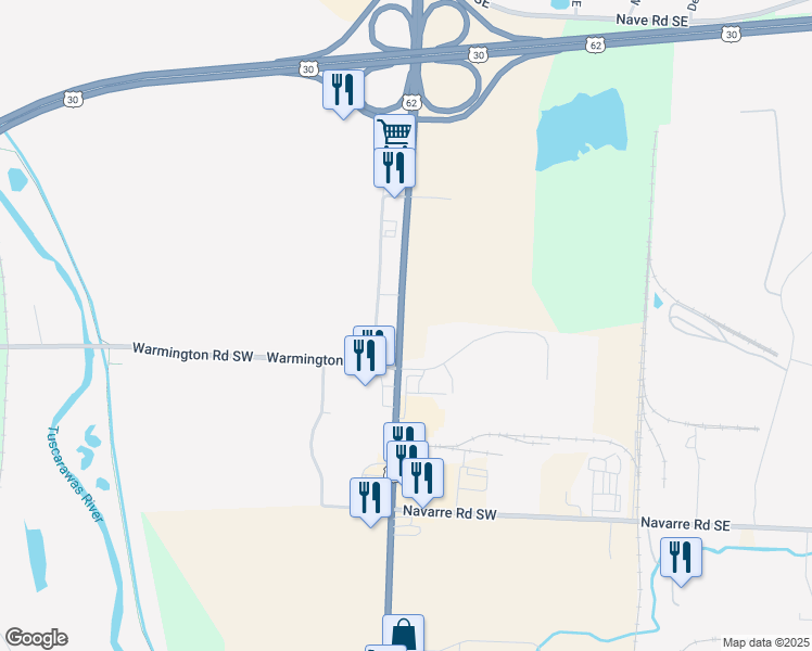 map of restaurants, bars, coffee shops, grocery stores, and more near 3850 Erie Street South in Massillon