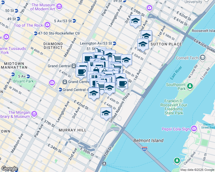 map of restaurants, bars, coffee shops, grocery stores, and more near 240 East 47th Street in New York