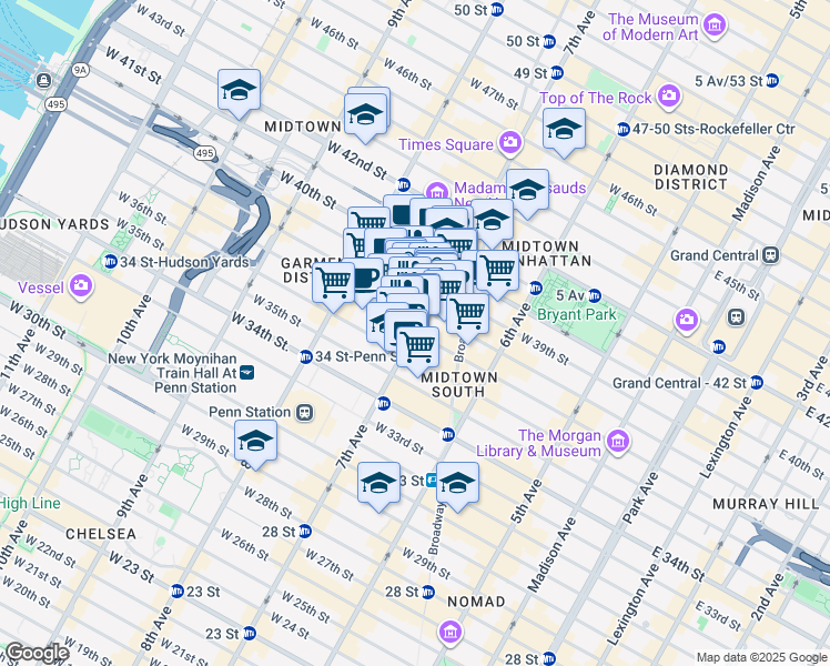 map of restaurants, bars, coffee shops, grocery stores, and more near 518 Fashion Avenue in New York