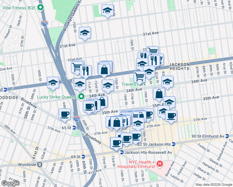 map of restaurants, bars, coffee shops, grocery stores, and more near 34-10 75th Street in Queens